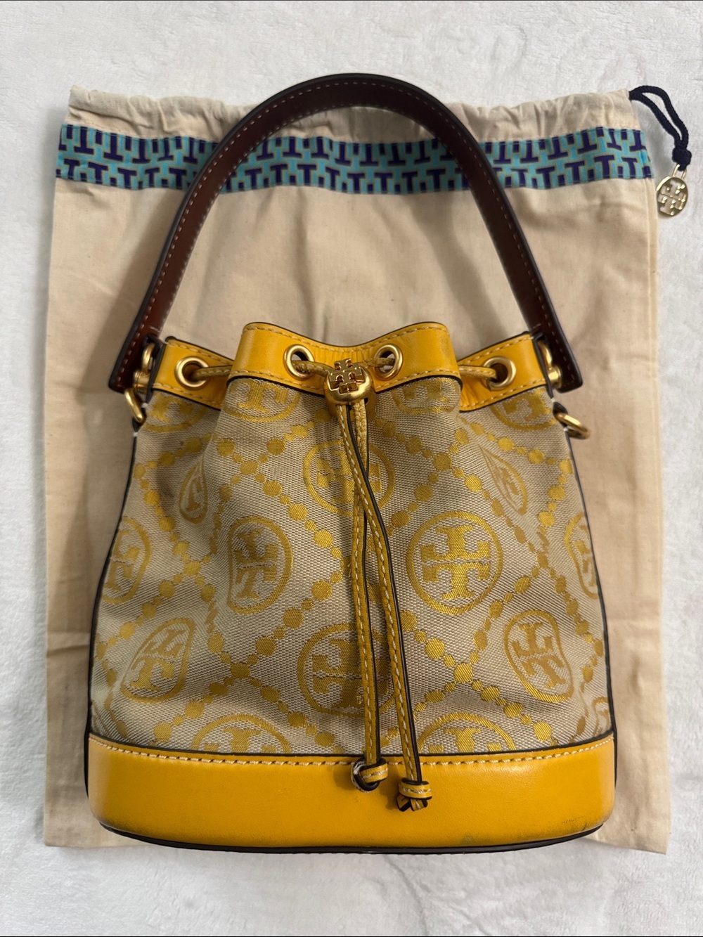 Tory Burch Yellow Logo Jacquard Drawstring Mini Bucket Bag